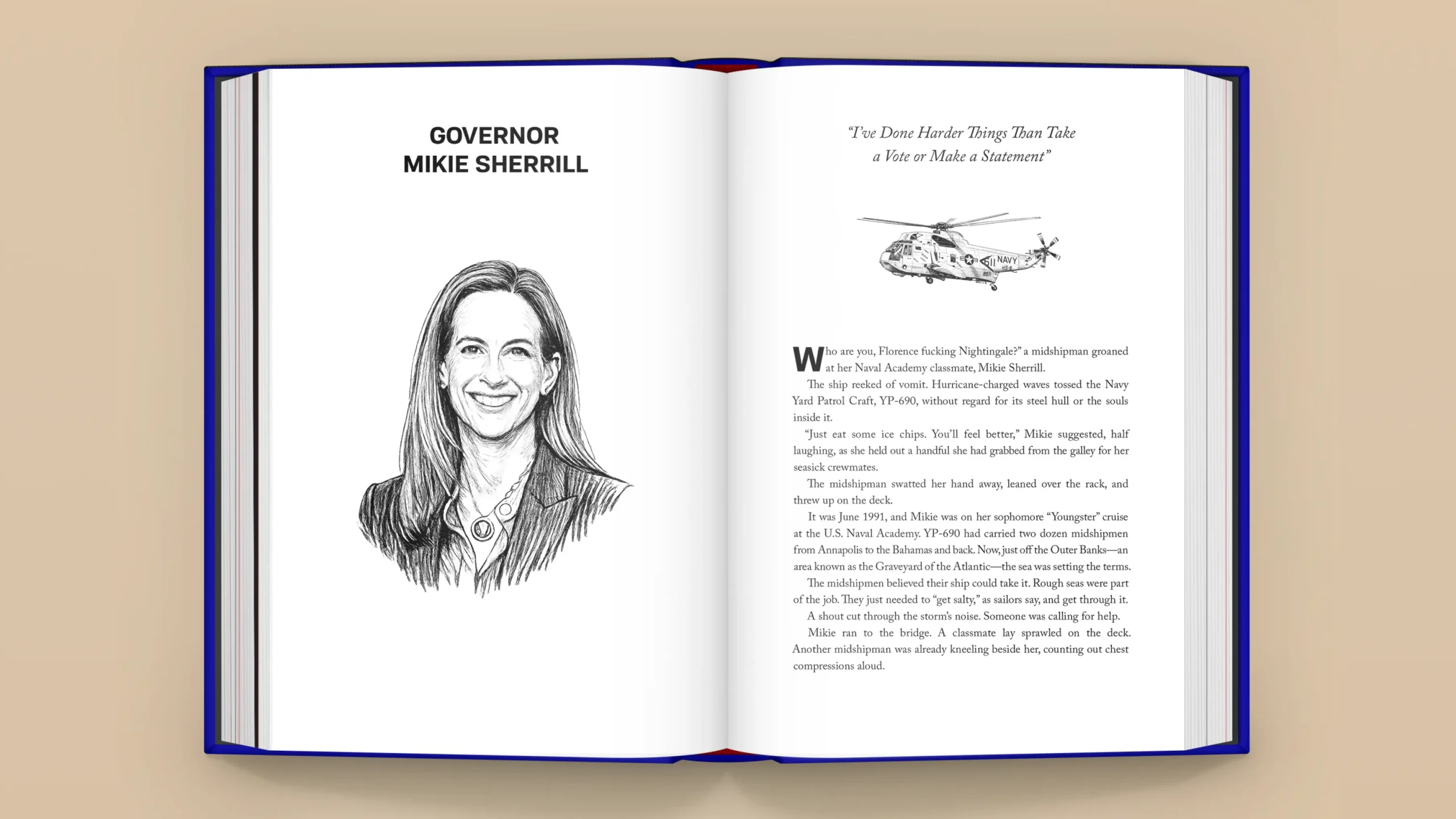 Inside spread of 'Courage Can Save US' featuring a portrait of and story from Mikie Sherrill.