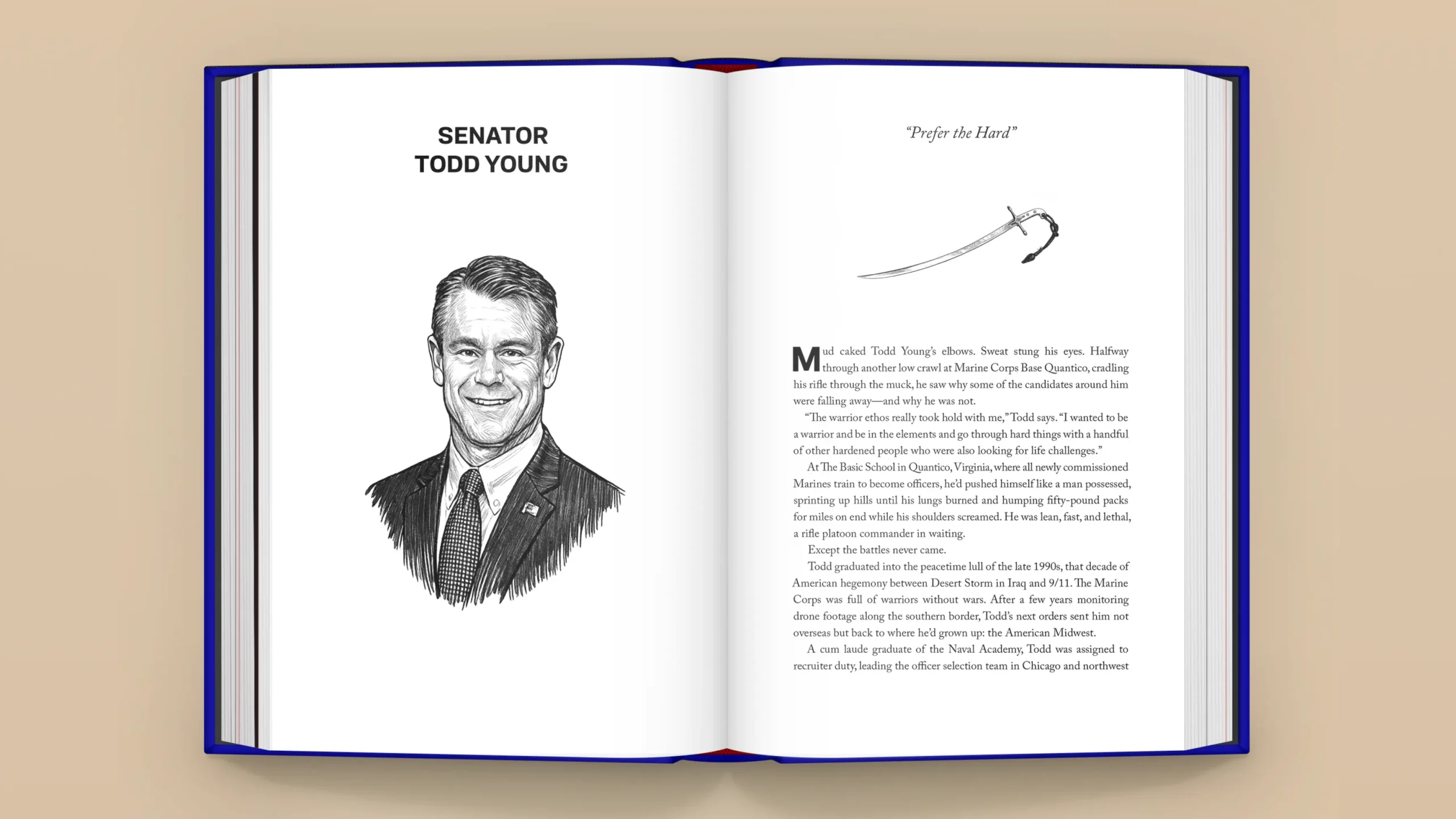 Inside spread of 'Courage Can Save US' featuring a portrait of and story from Todd Young.